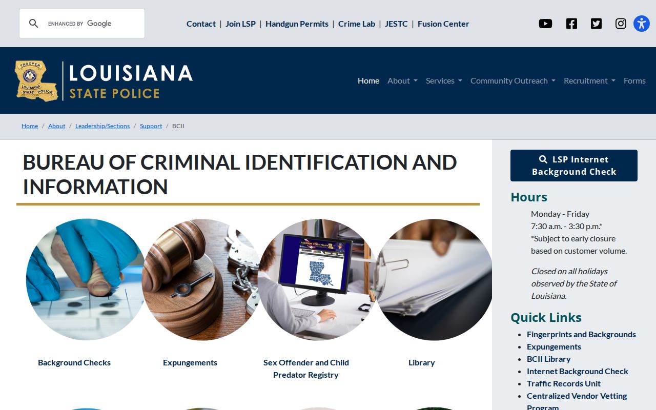 Morehouse Parish criminal history services at Louisiana State Police BCII