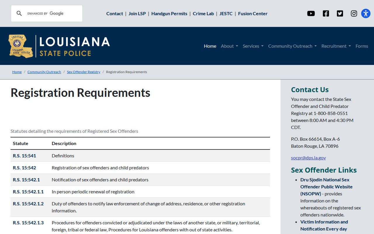 Louisiana sex offender registration requirements page