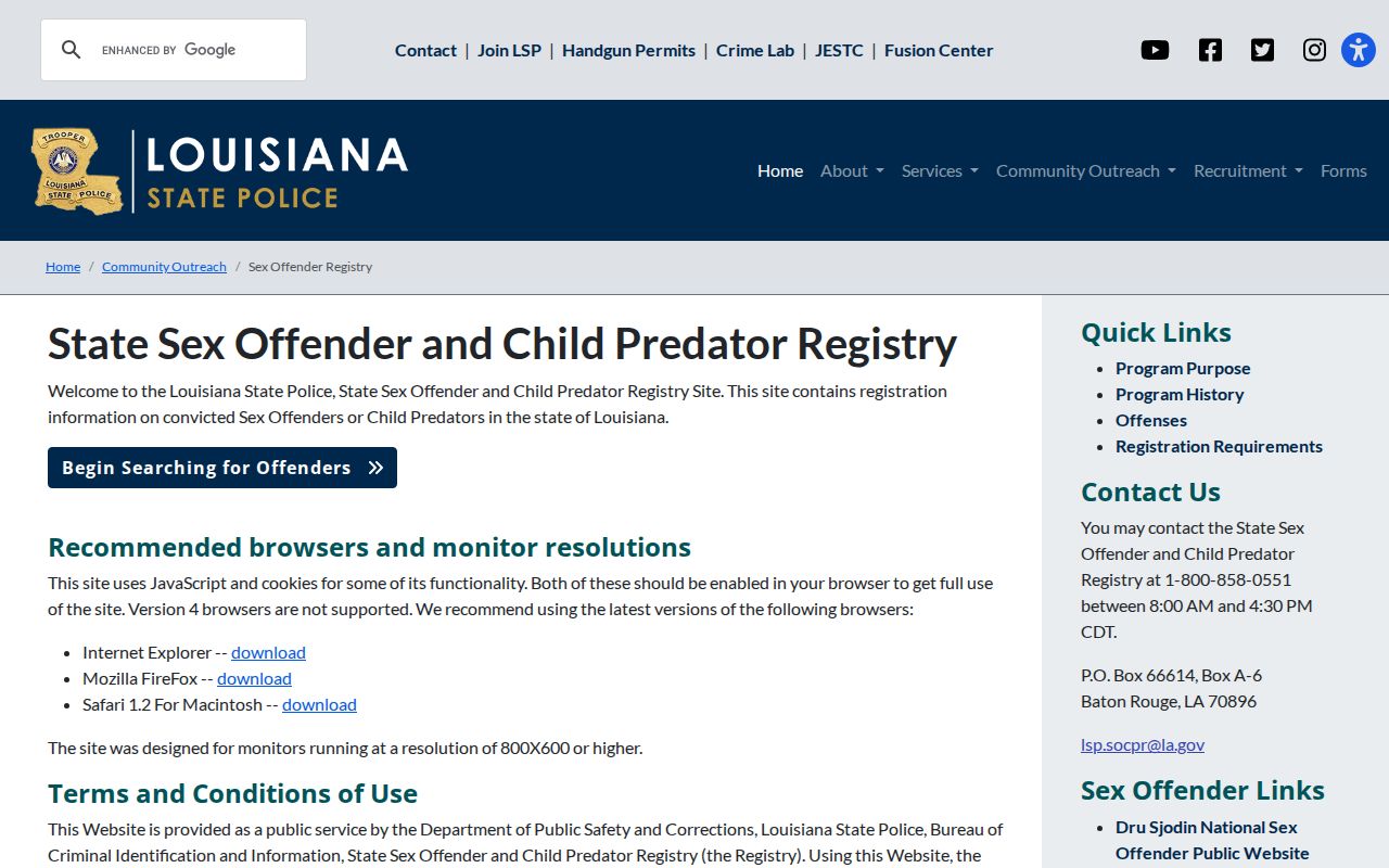 Louisiana State Police sex offender registry entry page